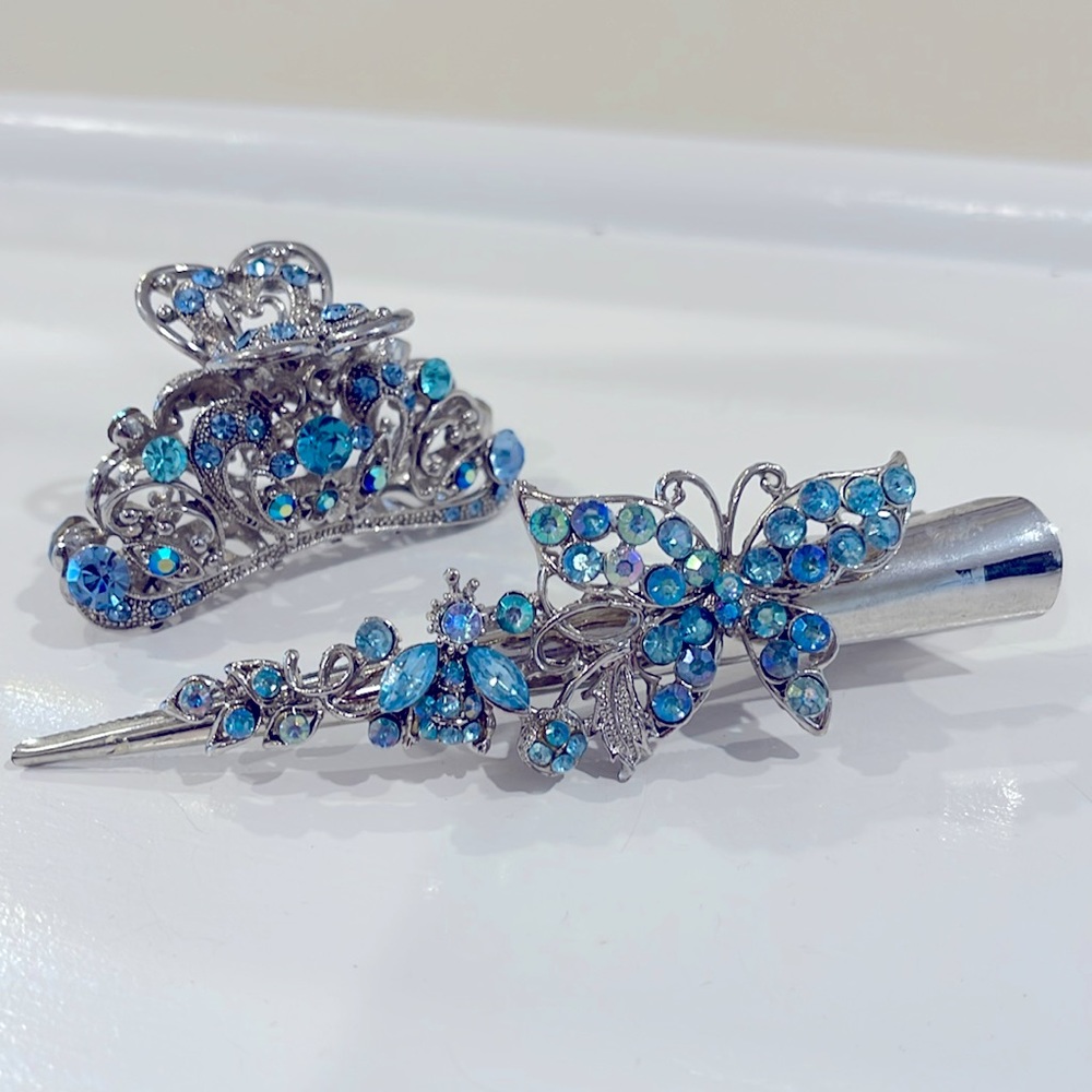 Fancy costume blue and silver hair clips